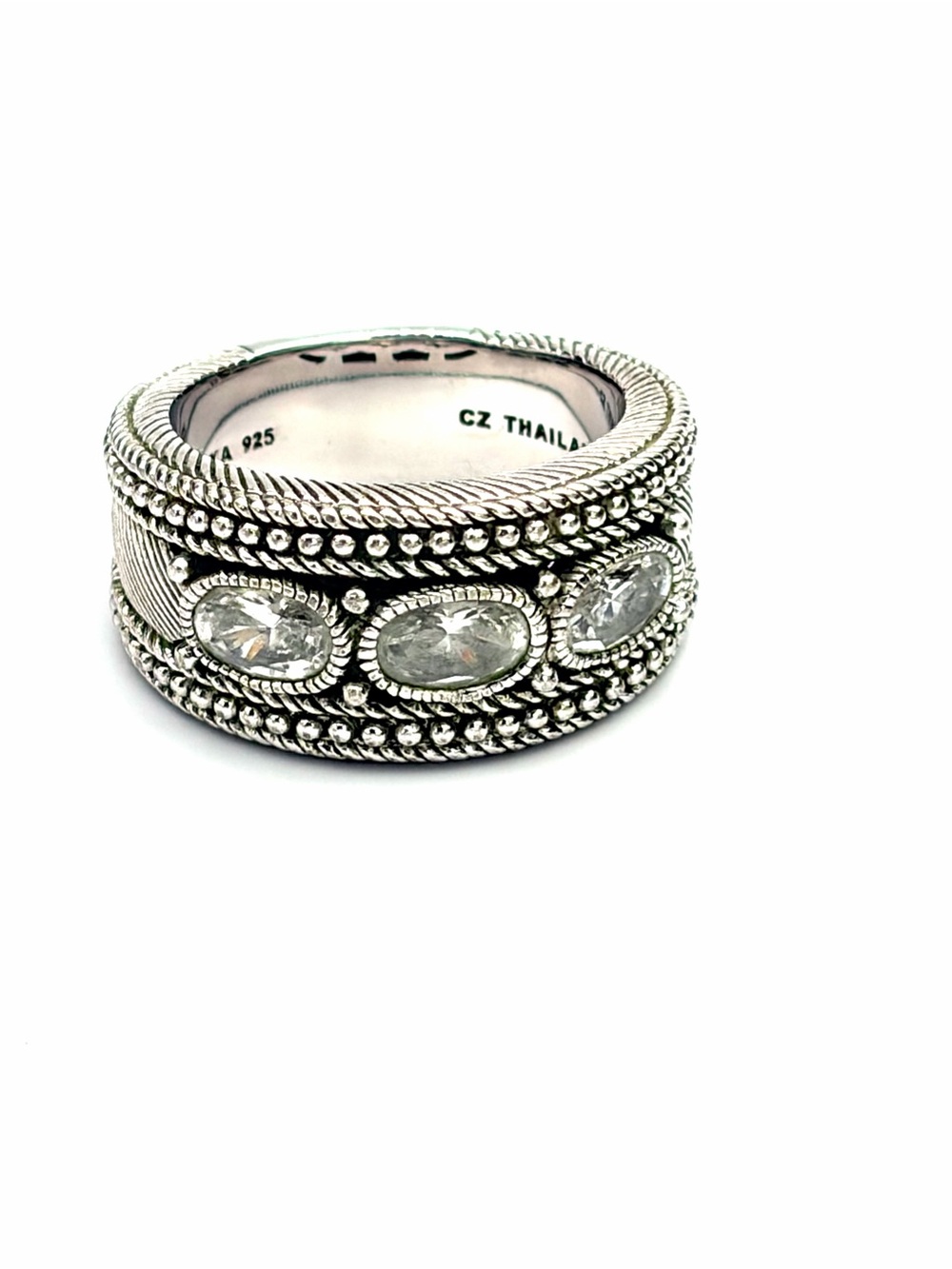 Judith Ripka Vintage Sterling Silver CZ Wide Band Ring - 3 Stone Clear Statement